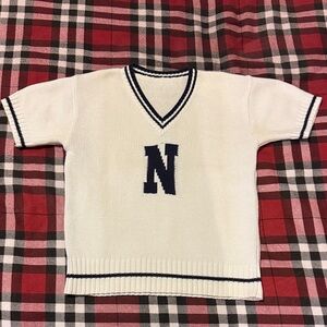 NAF NAF White V-Neck Varsity Sweater with Navy Trim